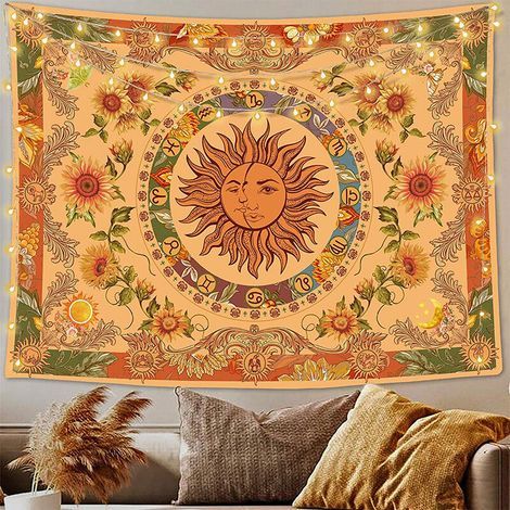 Gelber Wandteppich mit Sonne und Mond, Vintage, freistehend, Boho-Stil, Sonnenblumen- und Schmetterlingsmotiv, ästhetischer Wandbehang für Schlafzimmer, Studentenwohnheim, Wohnzimmer, 100–150 cm, Oran (1/4)