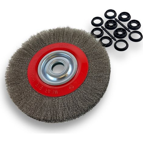 Brosse circulaire INOX Ø 250 mm Epaisseur 2 rangs Fil souple 0.20 mm ondulé Alésage 32 mm + réducteur bague 25/22/20/16/12 mm Touret meuleuse affûteuse ponceuse Kibros 231252IV (1/5)
