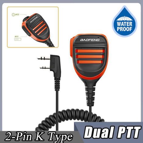 Microphone talkie-walkie étanche avec PTT, haut-parleur radio, connecteur 2 broches type Kenwood, couleur orange, fixation par bouton-poussoir, compatible UV-5R et UV-9R