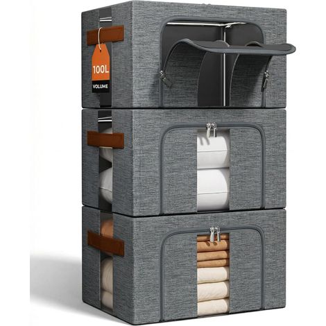 Boite Rangement Vetement Pliable: Sac de Empilables Cadres Métal pour le Organisateur des Vêtements des idéal pour Ranger Doudounes, Pulls et linge de lit Placard (Gris, 3x100L) (1/5)