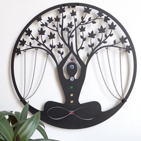 Decorazione murale per la meditazione in metallo, albero della vita yoga, 7 chakra, pietre di cristallo grezzo, simbolo yoga e meditazione, sfondo energetico, ciondolo per ingresso. (1/5)