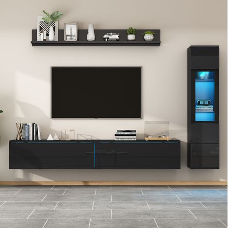 Wohnwand-Set 180x33x30 cm Schwarz aus Spanplatte mit LED, Vitrine und Wandregal (1/5)