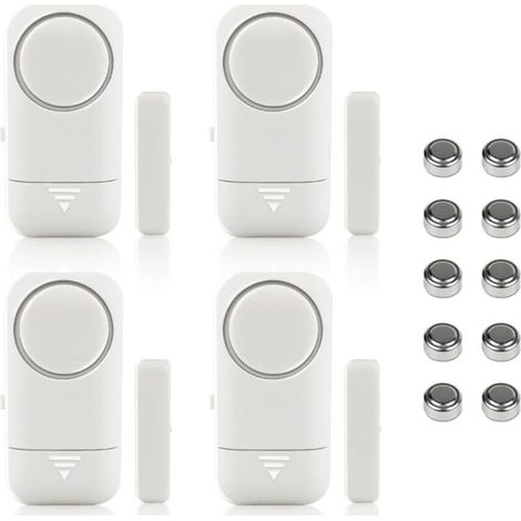 Lot de 4 alarmes magnétiques pour fenêtre et porte - Alarme maison- Système anti-vol sans fil - Piles incluses- Anti-Intrusion Anti-Vol Contre Cambriolage Détecteurs 120dB Sirène avec Piles- Blanches (1/5)