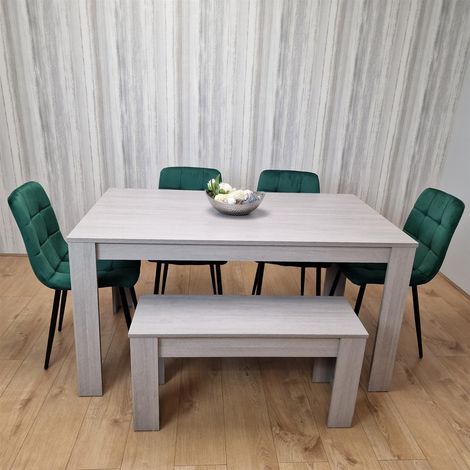 Dining Table and 4 Chairs With Bench Grey 4 Green Velvet Chairs Wood Dining Set Furniture (1/5)