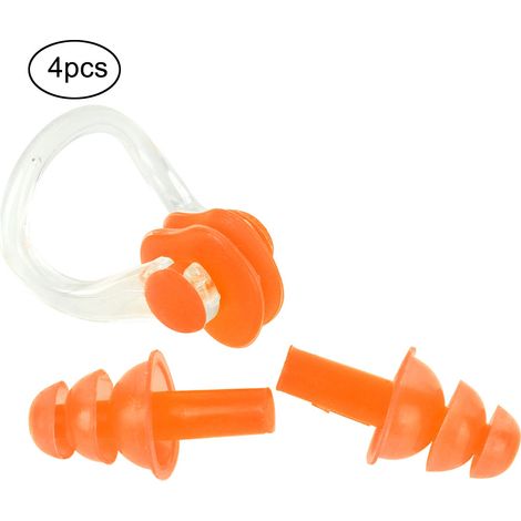 4-teiliges Set wasserdichter, weicher Silikon-Schwimmohrstöpsel, Ohrenschützer, Nasenclips, Klemmen und Werkzeuge (Orange) (1/5)