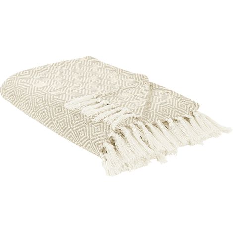 Colcha de algodón con flecos sala de estar dormitorio textil beige claro 200 x 220 cm Toutli