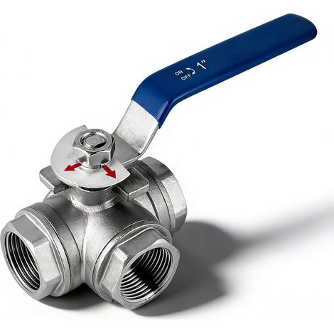 Vanne à bille 3 voies en acier inoxydable, SUS304 Robinet à Tournant Sphérique à 3 Voies L Type Filetage Femelle 1 "DN25 Robinet Bille Arrêt pour L'eau, Le Pétrole, Le Gaz (1/5)