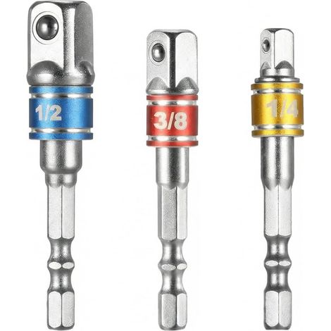 Jeu de 3 adaptateurs pour douilles à queue hexagonale (1/4« 3/8 » 1/2") Convertisseur douille en acier allié avec bille anti-chute et double empreinte R-Groove - (1/5)