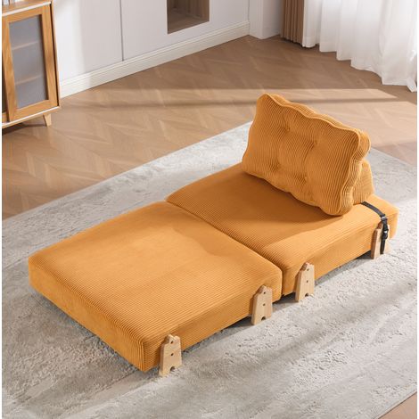 Poltrona letto pieghevole, convertibile in letto, schienale imbottito, corduroy arancione, legno chiaro (1/5)