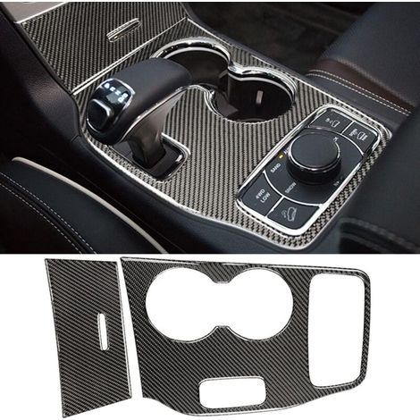 Schwarze echte Kohlefaser-Mittelkonsolendeckel-Abdeckungsverkleidung passend für Jeep Grand Cherokee 2014–2015, Innenzubehör, MUMU (1/4)