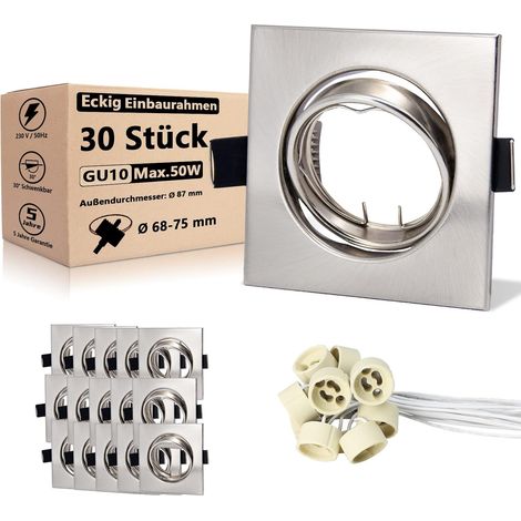 Lot de 30 Spot Encastrable GU10 Set, Carré Cadre De Montage, Acier inox brossé Avec Douille Céramique GU10 Pour Lampes, Ø 75 mm-Orientable A 30°- Pour Lampes LED ou Halogènes (1/5)