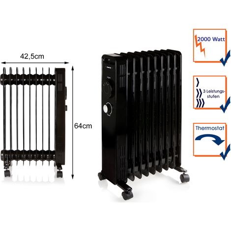 Ölradiator mit Rollen 9 Rippen, 3 Stufen 2000 Watt, 64x42cm (1/5)