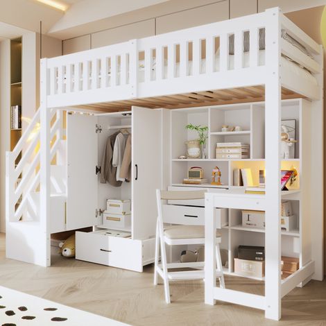 Lit enfant surélevé 90 x 200 cm avec bureau, armoire et rangements, blanc OKMYHOME (1/5)