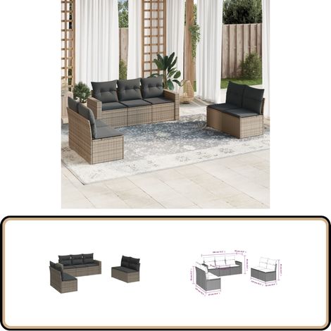 7-tlg. Garten-Sofagarnitur mit Kissen Grau Poly Rattan - Gartensofas - Outdoor Möbel - Lounge Set - Rattan Sofa - Gartenlounge