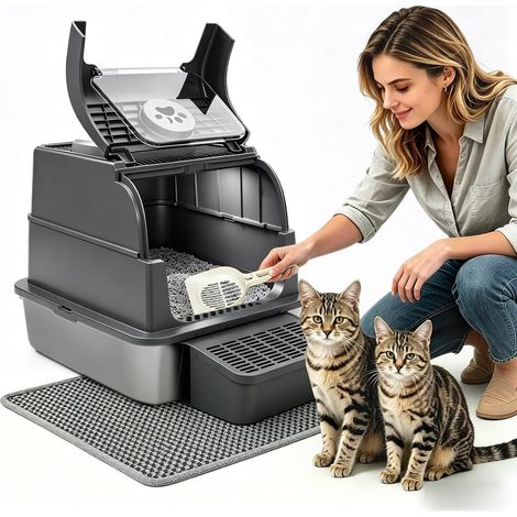 Grande litière pour chat en acier inoxydable avec couvercle rabattable, design 3 en 1 fermé et ouvert, tapis de litière anti-suivi, contrôle des odeurs, facile à nettoyer (1/5)
