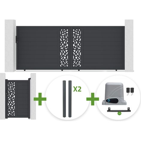 Portail coulissant 4m RUIVO H.160cm aluminium gris + Portillon 1m RUIVO H.160cm + 4 poteaux + motorisation Ranger C300 (1/5)