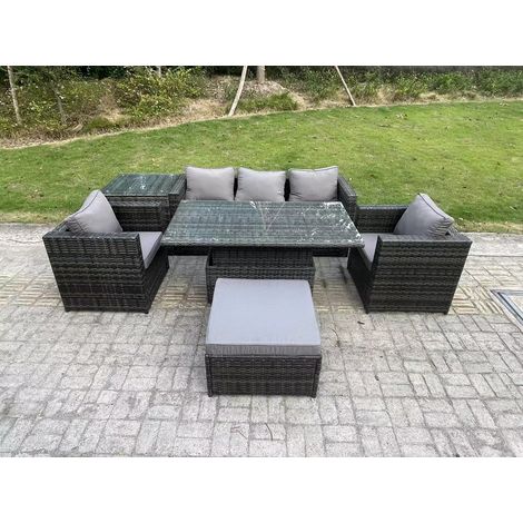 Fimous Outdoor Rotin Garden Furniture Sofa Set Set Table À Manger Réglable Avec Table D'appoint 2 Fauteuils Grand Tabouret Gris Foncé Mix (1/5)