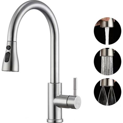 Robinet Cuisine avec Douchette Extensible Mitigeur - Rabattable Mitigeur Robinet Evier de Cuisine avec 3Douchette Modes, 360° Robinet Cuisine (1/4)