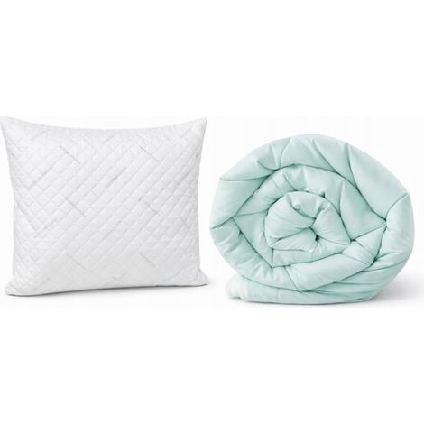 Couette 160x200cm chaude matelassée toutes saisons menthe-blanc + oreiller 50x60 (1/5)