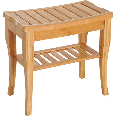 Tabouret de bain bambou avec étagère imperméable robuste SPA salon 47,5x26x44,5 cm Naturel (1/5)