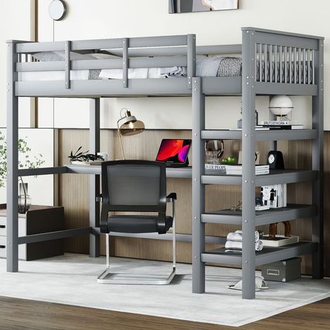 Lit mezzanine - SINGULARITY - 90x200 - Bois pin massif & MDF - Avec bureau et rangements - 1 place (1/5)