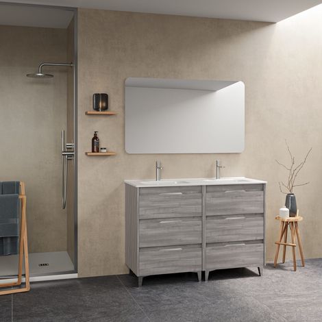 SUKI 120 Meuble double vasque avec six tiroirs, effet Gris sablé    Il comprend la vasque en céramique. (Sans miroir)