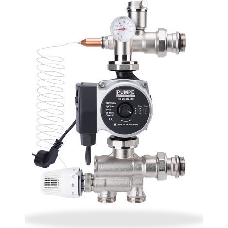 Kit de régulation à valeur fixe pour chauffage au sol avec pompe de circulation, vanne mélangeuse, vanne thermostatique (20-60°C), vanne de purge, max.110°C/16 bar, raccords G1