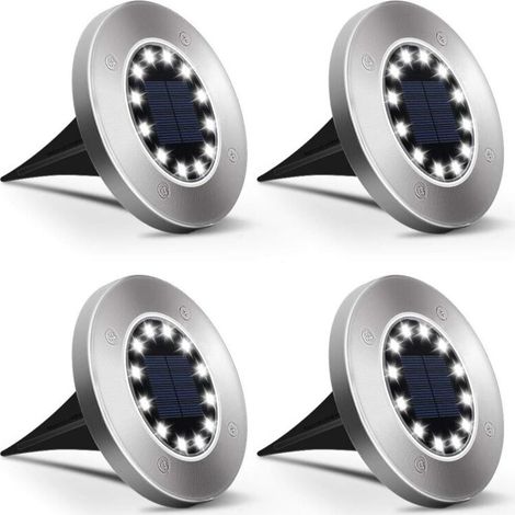 Lumière Solaire Extérieur 12 LEDs 4 pièces Lumières Solaires au Sol Lampes de Jardin Blanches Acier inoxydable étanche pour l'extérieur, jardin, terrasse, pelouse, cour, passerelle - blanc (1/5)