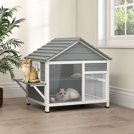 Maison pour Chat Extérieur Toit Ouvrant Fenêtre Panoramique Porte à Lamelles et Plateforme de Repos (1/5)