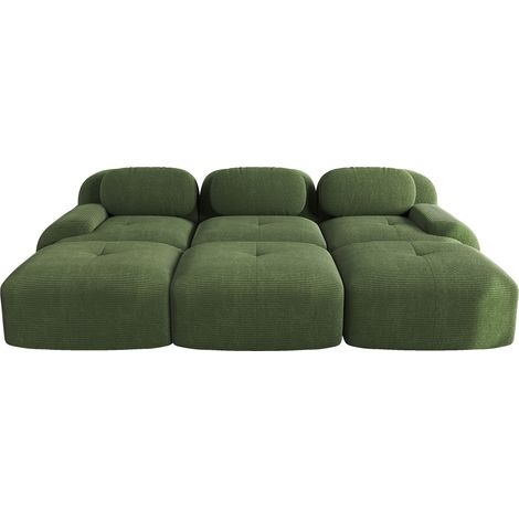 Canapé modulable 3 places avec 3 poufs en tissu velours côtelé vert, sans cadre, sans montage (1/5)