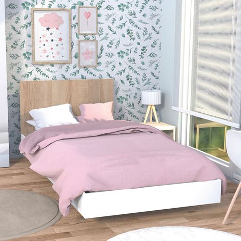 Lit LOFT 90x190 cm – Structure en panneau de particules – Décor blanc et chêne blanchi – 12 lattes multiplis – Dimensions 192x94x75 cm – Weber Industries (1/3)
