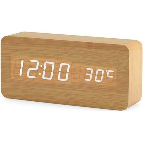 Horloge Numérique en Bois - Réveil à LED Multifonctions avec Affichage De L'heure/De La Date/De La Température Et Commande Vocale pour Le Voyage à Domicile,Couleur bois de bambou, une pièce (1/5)