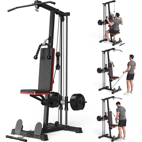 Station de musculation avec 5 poids de 5 kg - avec poulie, bras papillon - charge maximale 180 kg - 204x99x87cm - Banc réglable - pour travailler la poitrine, le dos (1/5)
