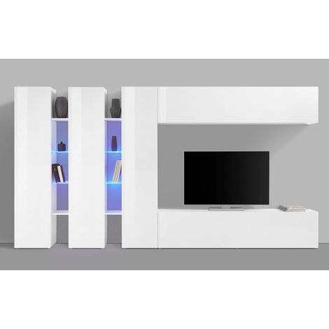 Parete Attrezzata Moderna per Soggiorno 340x30x180cm - ECHO - Colore: bianco laccato lucido (1/5)