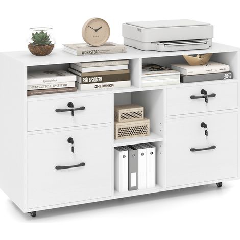 Armoire de Rangement Roulant avec Serrure et 4 Tiroirs pour Fichiers Format A4/Lettre, Organisateur de Classement Mobile, 104x35x65,5cm,Blanc (1/5)