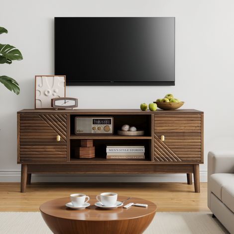 Meuble TV 110 cm pour téléviseur 32/45 pouces avec rangement et passe-câbles, style mid-century MDF noyer (1/5)