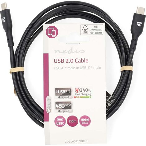 Nedis USB-Kabel / USB 2.0 / USB-C™ Stecker / USB-C™ Stecker / 240 W / 480 Mbps / Vernickelt / 2.00 m / Rund / PVC / Schwarz / Label