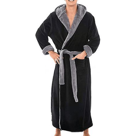 Peignoir long en polaire pour homme, avec capuche, idéal pour la nuit - Taille 5XL - Noir et gris (1/3)