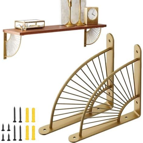 Lot de 2 Équerre pour Étagere Murale 200mm Support Console Acier Inoxydable Equerre Murale Supports d'Étagère pour Étagere Murale en Fer Supports (Or) (1/5)