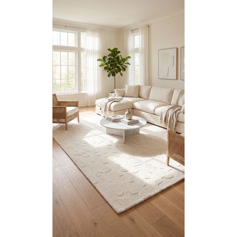 Tapis en laine Stone Mosaic - Tapis en laine  - 290x190cm, Rectangular - 100% Laine vierge - Tufté main - Blanc