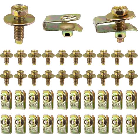 20 M6-1,0 x 20 mm lange Karosserieschrauben – 10 mm Sechskant – 17 mm Unterlegscheibe – 20 U-Muttern – Befestigungsclips für die Motorabdeckung, Spritzschutz (1/5)