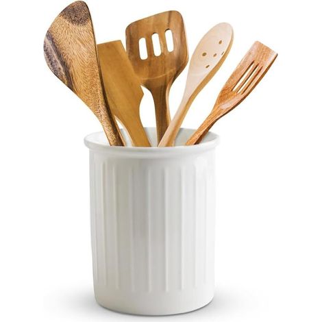 Portautensili da cucina in ceramica bianca, grande, con decorazioni in rilievo, da appoggio sul piano di lavoro, 13,4 x 10,8 cm