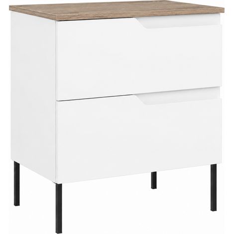 Mobile sottolavabo con piedini 60 cm, 2 cassetti, con piano, chiusura ammortizzata, Bianco / piano Rovere Chiaro, gambe nere, 60 x 46 x 73,6 cm (1/5)