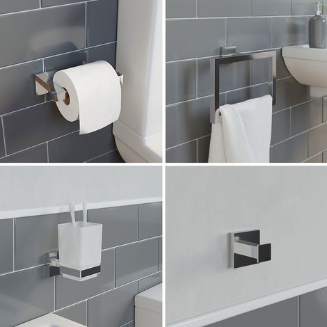 Bathroom Accessories Set Toilet Roll Holder Towel Ring Tumbler Robe Hook Chrome (1/5)
