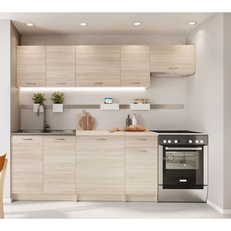 Pegane – Cuisine complète 7 éléments chêne sonoma – Longueur 180/240 cm – Plan de travail beige 28 mm – Meubles en panneau de particules 16 mm