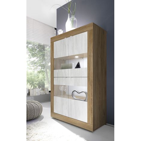Vitrine moderne 101 cm chêne mercure/blanc structuré Agathe (1/5)