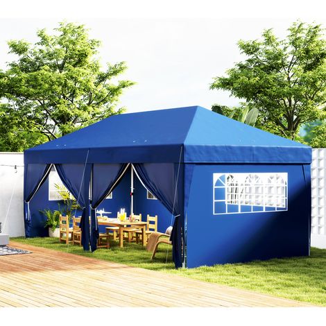 Abri de jardin pliable 3x6 m bleu avec 6 parois latérales, store extérieur dépliable, sac de transport inclus.