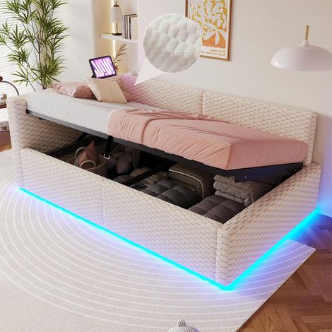 Lit coffre 90x200 cm, canapé-lit capitonné 1 place, avec LED et ports USB/Type-C, sommier à lattes, style scandinave, pour chambre ou salon, beige