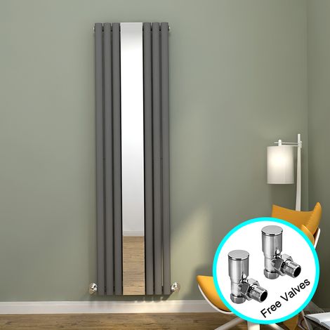 ELEGANT Vertical Designer Radiator with Mirror Oval Single Radiator 1800x500mm Anthracite Central Heating + Chrome Angled Radiator Valve (1/5)