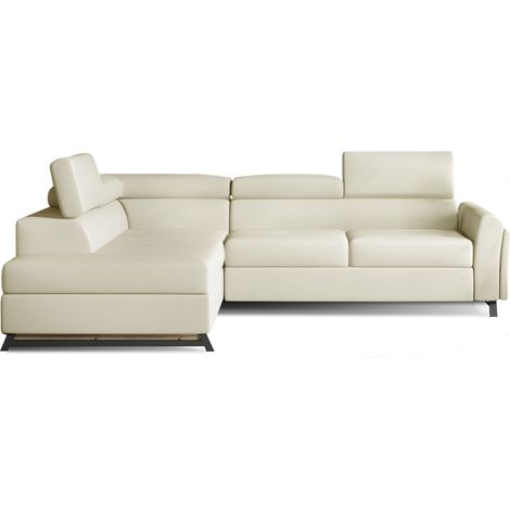 Canapé angle gauche convertible simili cuir crème avec têtières réglables Nikos 265cm (1/5)